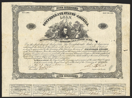 Act of August 19, 1861. $500. Cr. 52, B-40. No. 77. As previous. Signed by Tyler. All coupons complete. toned, soiled, with small holes on right, Fine. From The Holger Dreher
Collection