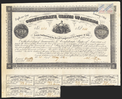 Act of August 19, 1861. $500. Cr. 55, B-49. No. 851. Commerce seated on a cotton bale, ship and train in the distance. Printed on white paper. Signed by Jones. Dutch stamps
upper right. Light edge wear and toning, marginal tear at lower left