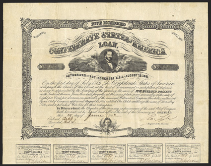 Act of August 19, 1861. $500. Cr. 57, B-55. No. 380. Judah P. Benjamin supported by Agriculture and Commerce, ships and factories in the background. Childs head at bottom.
Signed by Tyler. 11 coupons below. B. Duncan. Folds, toned, VF.