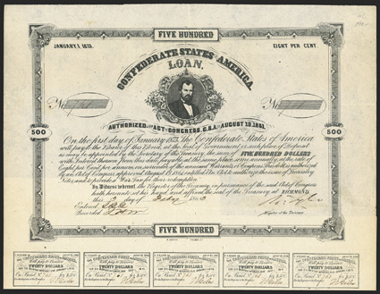 Act of August 19, 1861. $500. Cr. 62, B-77. No. 761. J.H. Reagan, top center. Signed by Tyler. 18 coupons below. B. Duncan. Folds, VF+. From The Holger Dreher
Collection