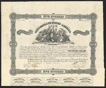 Act of August 19, 1861. $500. Cr. 63, B-81. No. .... Vignette of S.R. Mallory, surrounded by three female figures. Signed by Tyler.  17 coupons below. Folds, light wear along
right edge, good VF. From The Holger Dreher Collection