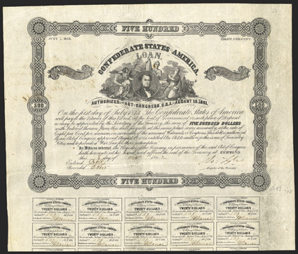 Act of August 19, 1861. $500. Cr. 63, B-81. No. 509. As previous. Signed by Tyler. One coupon missing, 21 still present. Interesting Mississippi endorsement on the verso. B.
Duncan. Fold wear, light foxing, about VF. From The Holger D