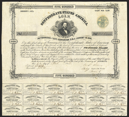 Act of August 19, 1861. $500. Cr. 65, B-90. No. 1193. As previous. Signed by Jones. 20 coupons below. Blue Dutch stamp with crown at upper right Dutch stamp on verso.
Discoloration at recto stamp, light fold wear, VF. From The Holger
