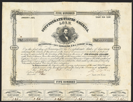 Act of August 19, 1861. $500. Cr. 65. Criswell Plate Bond. B-90. No. 1525. Portrait of J. P. Benjamin. Signed by Tyler. 20 coupons below. B. Duncan. Fold wear, foxing, light
edge wear, about VF. From The Holger Dreher Collection