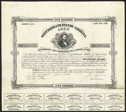 Act of August 19, 1861. $500. Cr. 65, B-90. No. 287. Judah P. Benjamin, top center. Signed by Tyler. 20 coupons below. Folds, soiling in right margin and along bottom border,
about VF. From The Holger Dreher Collection