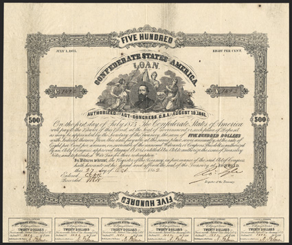 Act of August 19, 1861. $500. Cr. 66, B-94. Trans-Mississippi Bond. No. 1492. Portrait of unidentified man, surrounded by three allegorical females. Signed by Tyler. Reissued
in Houston, Tx by James Sorley, CSA depositary, handwritten on th