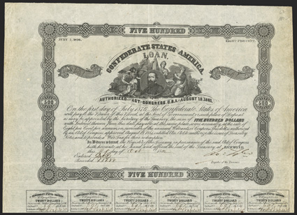 Act of August 19, 1861. $500. Cr. 67, B-98. No. 697. Unidentified mans portrait, surrounded by three female allegoricals. Fold and edge wear, toning along right edge, about VF.
From The Holger Dreher Collection