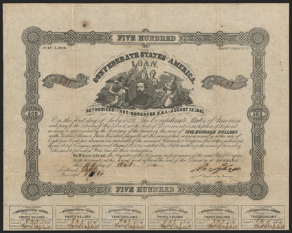 Act of August 19, 1861. $500. Cr. 67, B-98. No. 631. As previous. Signed by Tyler. One coupon missing, 27 coupons remain. Overall toning, ink erosion at signatures, some
foxing, fold wear, Fine. From The Holger Dreher Collection