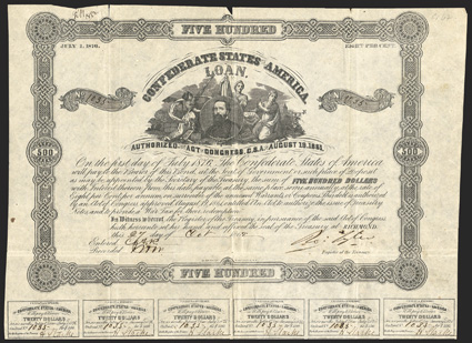 Act of August 19, 1861. $500. Cr. 67, B-99. Trans-Mississippi Bond. No. 1035. Portrait of unidentified man surrounded by three allegorical females. Signed by Tyler. Reissued by
James Sorley of Houston, Texas in red ink on the verso. 25 coup