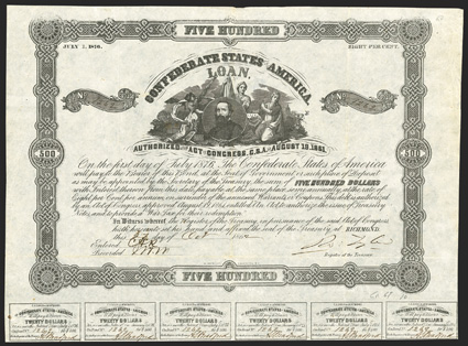 Act of August 19, 1861. $500. Cr. 67, B-99. Trans-Mississippi Bond. No. 1262. Similar to previous, however this bond has an error or under-inking of the the top border frame.
Signed by Tyler. Reissued by James Sorley in red ink on the verso