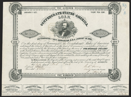 Act of August 19, 1861. $500. Cr. 68, B-104. No. 1628. George W. Randolph. Imprint B.Duncan. Signed by Jones. 24 coupons below. Dutch stamp on verso. Pencil note in right
margin, folds, VF. From The Holger Dreher Collection
