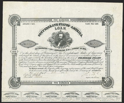 Act of August 19, 1861. $500. Cr. 68, B-104. No. 429. As previous, with imprint. Signed by Tyler. Stamped 185 on verso. 24 coupons below. Folds, minor edge wear and soiling,
VF. From The Holger Dreher Collection
