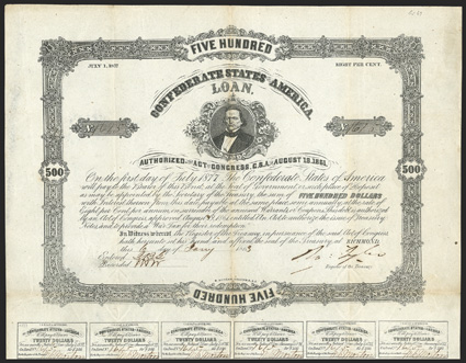 Act of August 19, 1861. $500. Cr. 69. Criswell Plate Bond. B-108. No. 1615. Robert Toombs. Signed by Tyler. 26 coupons below. Toning along folds, VF. From The Holger Dreher
Collection