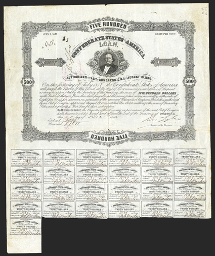 Act of August 19, 1861. $500. Cr. 69, B-108, No. 1539. Signed by Tyler. 25 coupons remain. Second Tyler signature across face with note Payable to the order of B. Avegno, who
signs on verso. Edge and fold wear, small hole at fold intersecti