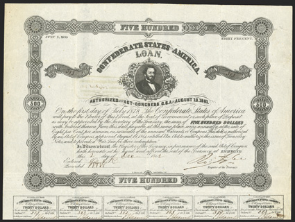 Act of August 19, 1861. $500. Cr. 71, B-117. No. 383. Judah P. Benjamin portrait. Signed by Tyler. 27 coupons below. Folds, light soiling, a good VF. From The Holger Dreher
Collection