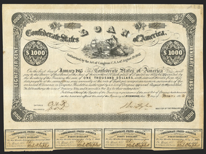 Act of August 19, 1861. $1000. Cr. 77, B-35. No. 214. Due January 1, 1865. As previous. Signed by Tyler. 4 coupons below. Uneven overall toning, folds, about VF. From The
Holger Dreher Collection