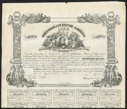 Act of August 19, 1861. $1000. Cr. 85, B-62. No. 141. Jefferson Davis, surrounded by three allegorical females. Signed by Tyler. Complete coupons. B. Duncan. Edge wear
including chip out at wide top margin, toning at edges, VF. From T