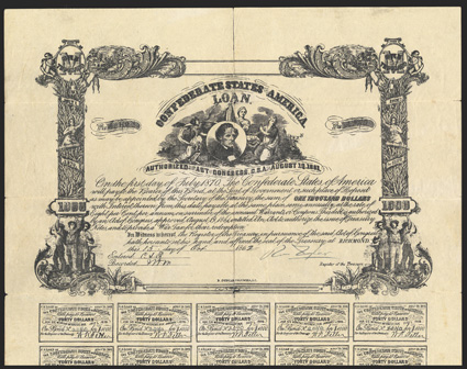 Act of August 19, 1861. $1000. Cr. X-85, B-C62. No. 2040. Jefferson Davis accompanied by three female allegorical figures. Forged Tyler signature, with date and recording
endorsements printed rather than written! Printed on heavy paper. Detail
