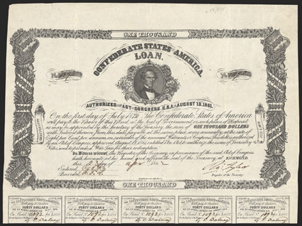 Act of August 19, 1861. $1000. Cr. 88, B-75. No. 1092. C.G. Memminger. Signed by Tyler. 15 coupons below. Imprint Wagner & Co.. Wagner, a Nashville, Tennessee printer, was
picked up by Duncan in November of 1861. Light fold and edge wear,