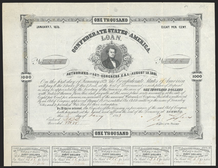 Act of August 19, 1861. $1000. Cr. 89, B-79. No. 208. S.R. Mallory portrait. Signed by Tyler. 17 coupons below. B. Duncan. Folds, scant foxing, staple hole in left margin, good
VF. From The Holger Dreher Collection