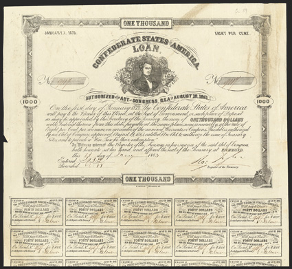Act of August 19, 1861. $1000. Cr. X-89, B-C79. No.9117. Stephen R. Mallory. Forged Tyler signature. Detail of portrait vignette is less distinct than on genuine bond, ink
applied unevenly. Serial number of bond is significantly higher than the