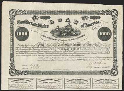 Act of August 19, 1861. $1000. Cr. 90, B-82. No. 699. The Confederacy, with flag on shield and ships in distance. Signed by Jones. 17 coupons below. Evans & Cogswell. Fold and
edge wear, lightly toned, VF. From The Holger Dreher Colle