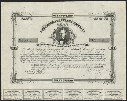 Act of August 19, 1861. $1000. Cr. 92, B-91. No. 1804. C.G. Memminger portrait. Signed by Tyler. 21 coupons below. B. Duncan. Fold and edge wear, good VF. From The Holger
Dreher Collection