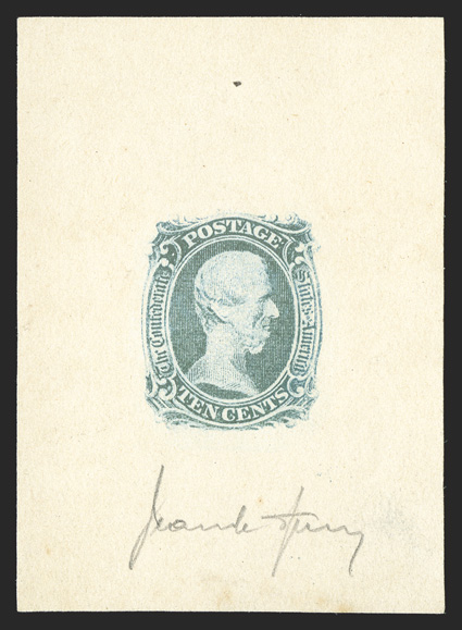 9 var., 10c Blue, Sperati forgery of a large die proof, 44x62mm, with Speratis signature at bottom, handstamp on back with number 227 in manuscript, very fine a well executed
example from the worlds most famous philatelic forger.