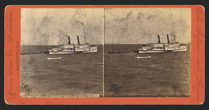 Blockade Runner: Stereo View Desirable stereoscopic Photograph of blockade runner Chicora, published by Union View Co of Rochester, NY. The boat is shown on the ocean, with a
partly obstructed caption in negative at bottom of image, 18
