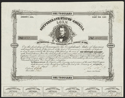 Act of August 19, 1861. $1000. Cr. 92, B-91. No. 1569. As previous. Signed by Tyler. 23 coupons below, missing one. Imprint Argentier  B. Duncan. Argentier - not listed in Dr.
Balls reference. Soiling in right margin, but about 