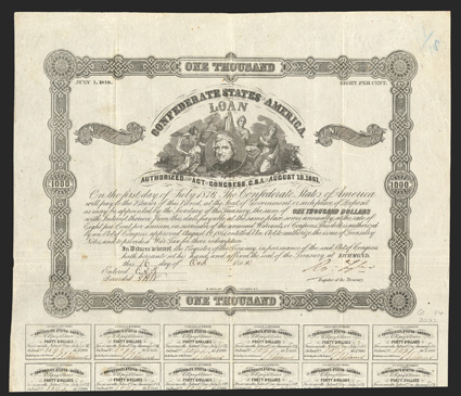Act of August 19, 1861. $1000. Cr. 94, B-101. No. 1091. Portrait of General Winder, surrounded by three allegorical females. Signed by Tyler. 23 coupons below. B. Duncan. fold
wear, light edge wear, a few spots, VF. From The Holger Dr