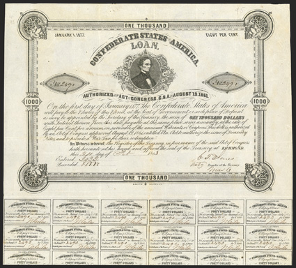 Act of August 19, 1861. $1000. Cr. 95, B-106. No. 2490. As previous. Signed by Jones, although Ball only notes Tyler. 24 coupons below. Folds, light wear at right edge, some
foxing, VF. From The Holger Dreher Collection