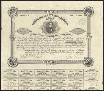 Act of August 19, 1861. $1000. Cr. X-95, B-C106. No. 1925. Jefferson Davis (a rather poor rendering). Forged Tyler signature. Written serial numbers. Fine line detail around
serial number medallion is less distinct than on genuine bond, ink app