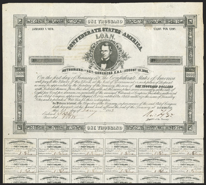 Act of August 19, 1861. $1000. Cr. 97, B-115. No. 1261. C.G. Memminger. Signed by Tyler. 26 coupons below. Bondholders Committee and Dutch handstamps on verso. Folds, light
edge wear, VF. From The Holger Dreher Collection