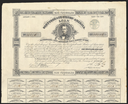 Act of August 19, 1861. $1000. Cr. X-97, B-C115. No.18006 C.G. Memminger, top center. Note serial number is much higher than issue number of 1,615. Signatures printed, with
some pen embellishing of Tylers. 26 coupons below. Dutch stamp on face