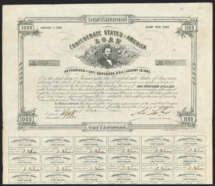 Act of August 19, 1861. $1000. Cr. 100, B-124. No. 1727. As previous. Signed by Tyler. Coupons complete (36). Lightly toned, minor edge soiling and wear, strong VF. From The
Holger Dreher Collection
