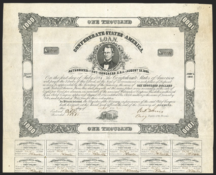 Act of August 19, 1861. $1000. Cr. 102, B-135. No. 2075. As previous. Signed by Jones. 33 coupons below. Light edge wear, toning on verso, a strong VF. From The Holger Dreher
Collection