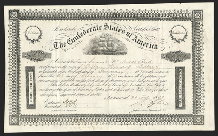 Act of August 19, 1861. $1500. Cr. 103, B-139. No. 491. Due January 1, 1870. Full rigged sailing vessel. Border frame has a square in each corner. Signed by Tyler. J.T.
Paterson. Folds, VF+. From The Holger Dreher Collection