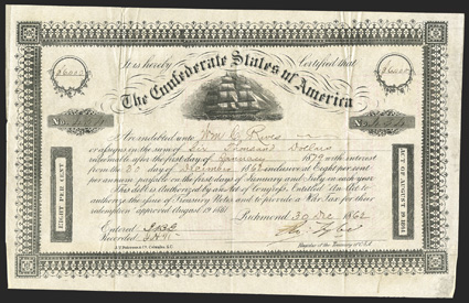 Act of August 19, 1861. $6000. Cr. 103, B-139. No. 454. Due January 1, 1879. As previous. Signed by Tyler. Folds, edge wear at right, strong VF. From The Holger Dreher
Collection