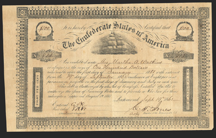 Act of August 19, 1861. $100. Cr. 104, B-138. No. 813. Due January 1, 1881. As previous. Signed by Jones. Edge and fold wear, toning, some foxing, about VF. From The Holger
Dreher Collection