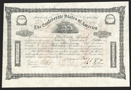 Act of August 19, 1861. $1200. Cr. 105, B-140. No. 2307. Due January 1, 1881. As previous. Signed by Tyler. J. T. Paterson. Ink marks in top margin, folds, a strong VF. From
The Holger Dreher Collection
