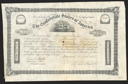 Act of August 19, 1861. $1000. Cr. 105, B-140. No. 666. Due January 1, 1866. As previous. Signed by Jones. Hole at center, light edge and fold wear, foxing, high end of Fine.
From The Holger Dreher Collection
