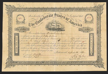 Act of August 19, 1861. $50. Cr. 106, B-137. No. 560. Due January 1, 1872. Variety 2 on date box on right. $50 in red ink in value medallions. Full rigged sailing ship. Signed
by Tyler. Hoyer & Ludwig. Toned, fold and edge wear, dimple in upp