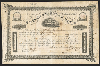 Act of August 19, 1861. $50. Cr. 106, B-137. No. 39. Due January 1, 1869. As previous. Variety 1. Red ink $50 denomination in value medallions in corners. Signed by Tyler. Fold
wear, overall foxing, a good Fine. From The Holger Dreh