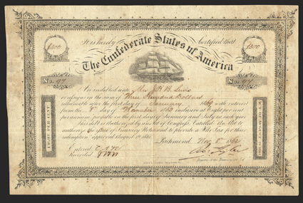 Act of August 19, 1861. $300. Cr. 106, B-137. No. 97. Due January 1, 1869. As previous. Variety 1. Foxed, toned, fold wear, dampstain right edge, good Fine. From The Holger
Dreher Collection
