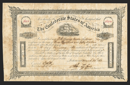 Act of August 19, 1861. $350. Cr. 106, B-137. No. 420. Due January 15, 1862. As previous. Variety 1. Red ink in value medallions. Signed by Tyler. Hoyer & Ludwig. Ink halos on
all writing, well foxed, but an interesting Fine. From The