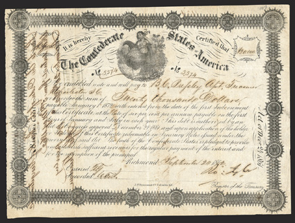 Act of December 24, 1861. $20,000. Cr. 107, B-144. No. 5574. Commerce, with cornucopia and caduceus, center. Border variety 2. Signed by Tyler. Interest Paid stamp on reverse.
Show-through and ink erosion from pen transfer on verso, t