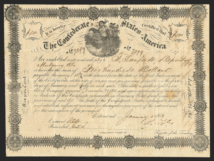 Act of December 24, 1861. $500. Cr. 107, B-144. No. 7399. As previous. Signed by Tyler. Interest Paid stamp from Montgomery. Collectors label on verso. Show-through from
transfer on verso, fold wear, edges trimmed into borders, a strong