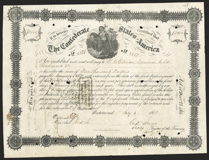 Act of December 24, 1861. $5000. Cr. 108, B-143. No. 3317. As previous. Issued to and signed by Elmore on the reverse. Signed by Jones. Stamped Interest Paid at Richmond. Punch
cancels. Stain in left margin, folds, VF. From The Ho