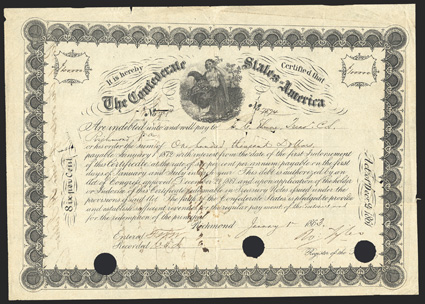 Act of December 24, 1861. $100,000. Cr. 109, B-146. No. 7874. Ceres with cornucopia and caduceus. Signed by Tyler.  Large cancellation holes at bottom. Edge wear and soiling,
folds, about VF. From The Holger Dreher Collection